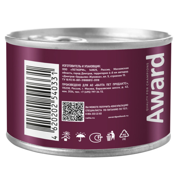 AWARD влажный корм для взрослых собак, паштет с говядиной и морковью, в консервах - 200 г х 12 шт
