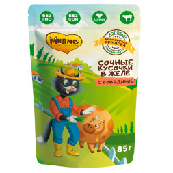 Мнямс Кот Федор Фермерская ярмарка влажный корм для взрослых кошек с говядиной, кусочки в желе, в паучах - 85 г х 12 шт (+12 шт В ПОДАРОК)