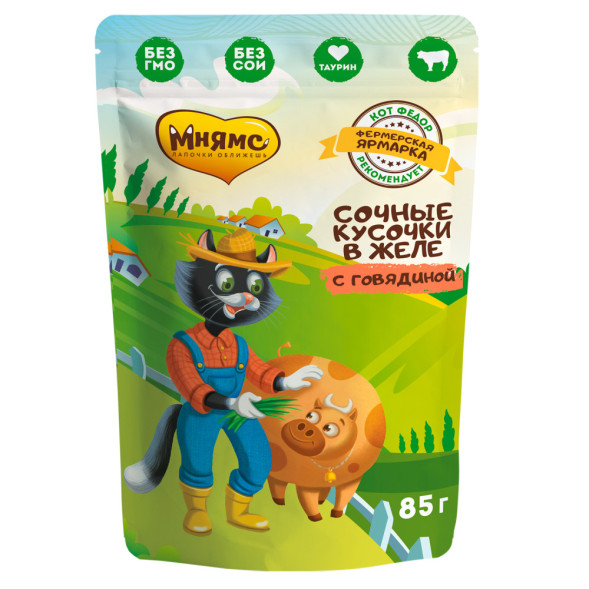 Мнямс Кот Федор Фермерская ярмарка влажный корм для взрослых кошек с говядиной, кусочки в желе, в паучах - 85 г х 12 шт (+12 шт В ПОДАРОК)