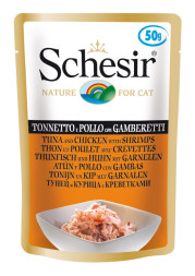 Schesir Cat Adult влажный корм для взрослых кошек с тунцом, курицей и креветками в паучах - 50 г х 30 шт