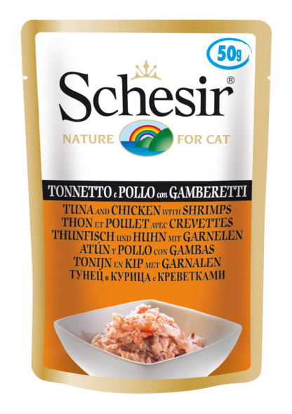 Schesir Cat Adult влажный корм для взрослых кошек с тунцом, курицей и креветками в паучах - 50 г х 30 шт