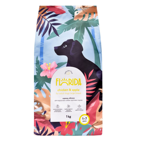 Florida сухой корм для взрослых собак крупных пород с курицей и яблоком - 1 кг