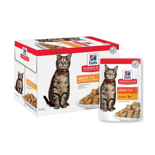 Hills Science Plan влажный корм для взрослых кошек, с курицей в соусе, в паучах - 85 г х 12 шт
