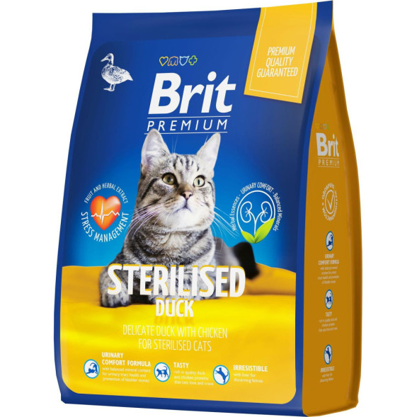 Brit Premium Cat Sterilised сухой корм для взрослых стерилизованных кошек с уткой и курицей - 2 кг