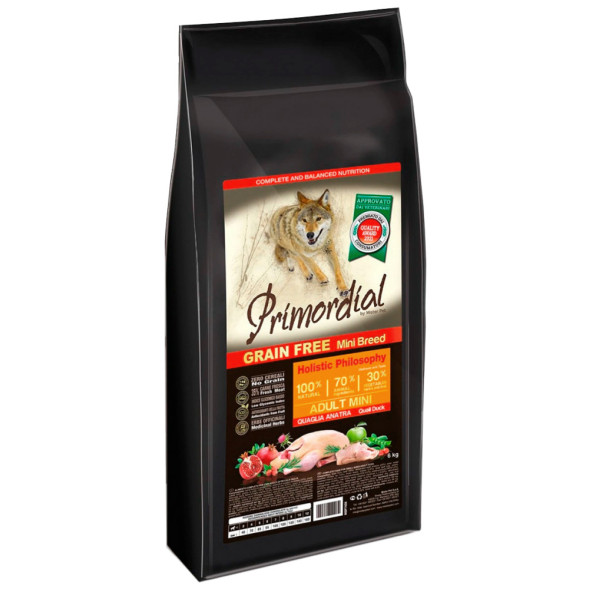Primordial Mini Adult сухой беззерновой корм для взрослых собак мелких пород с перепелом и уткой - 6 кг