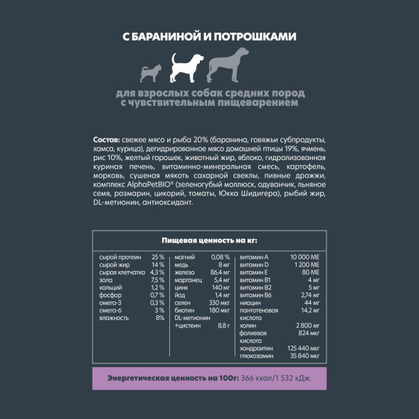 AlphaPet Superpremium сухой полнорационный корм для взрослых собак средних пород с чувствительным пищеварением с бараниной и потрошками - 2 кг