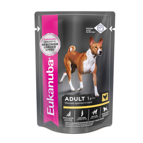 Влажный корм Eukanuba Adult Dog для собак с курицей в соусе в паучах - 100 г х 24 шт