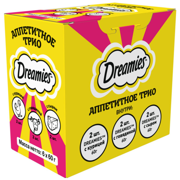 Dreamies Аппетитное трио набор лакомств для кошек: с курицей 60 г х 2 шт, с говядиной 60 г х 2 шт, с сыром 60 г х 2 шт