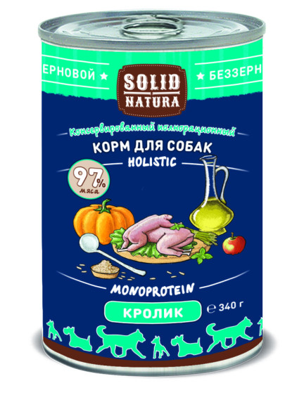 Solid Natura Holistic Кролик влажный корм для собак жестяная банка 0,34 кг (12 шт в уп)