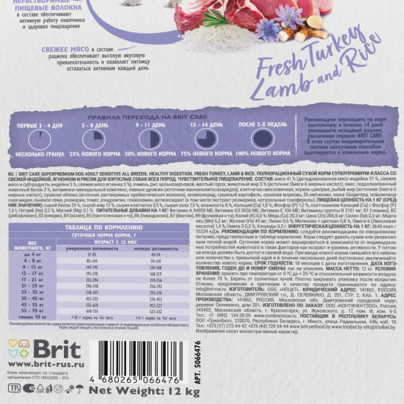 Brit Care Dog Adult Sensitive Healthy Digestion сухой корм для собак всех пород с чувствительным пищеварением, с индейкой и ягненком - 12 кг