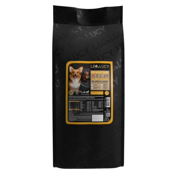 LEO&amp;amp;LUCY сухой холистик корм для взрослых и пожилых собак всех пород с уткой и тыквой - 4,5 кг