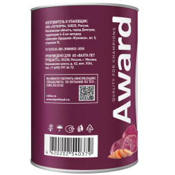 AWARD влажный корм для взрослых собак, паштет с говядиной и бататом, в консервах - 400 г х 12 шт