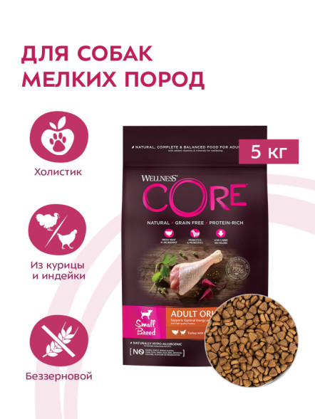 Wellness Core сухой корм для взрослых собак мелких пород с индейкой и курицей 5 кг