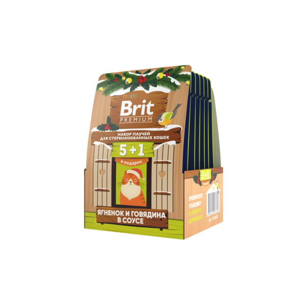 Brit Premium кормушка набор паучей для взрослых стерилизованных кошек с ягненком и говядиной, кусочки в соусе - 85 г х 5+1 шт