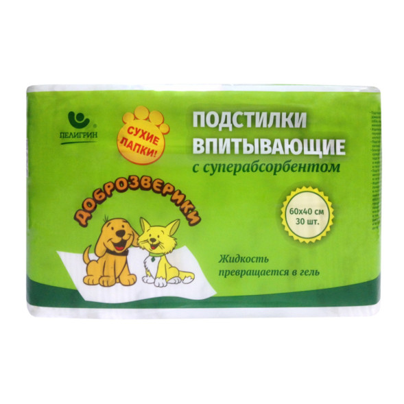 Доброзверики Сухие лапки подстилки впитывающие для животных с суперабсорбентом 60х40 см, 30 шт