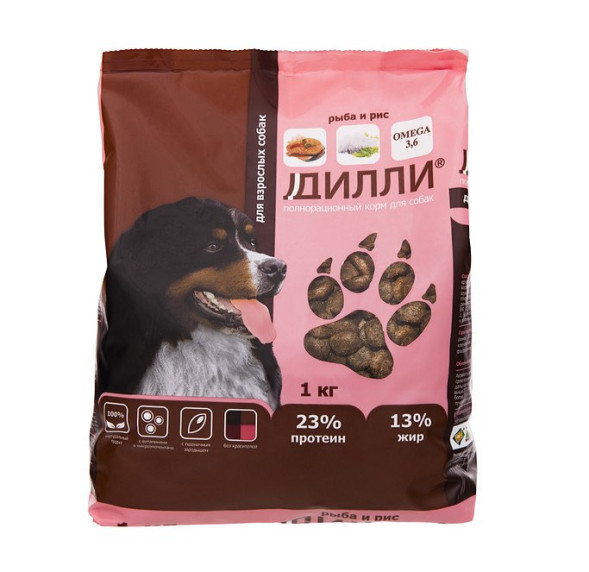 Дилли сухой корм для взрослых собак с рыбой и рисом - 1 кг