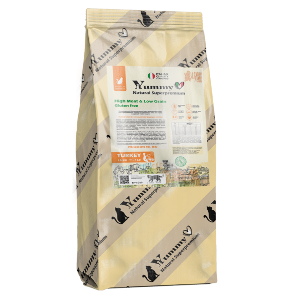 Yummy Linea сухой низкозерновой корм для взрослых стерилизованных кошек и кастрированных котов, с индейкой - 10 кг
