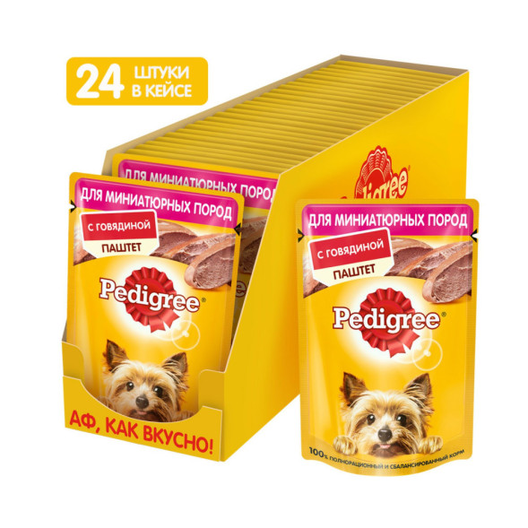 Pedigree влажный корм для взрослых собак миниатюрных пород паштет с говядиной, в паучах - 80 г х 24 шт