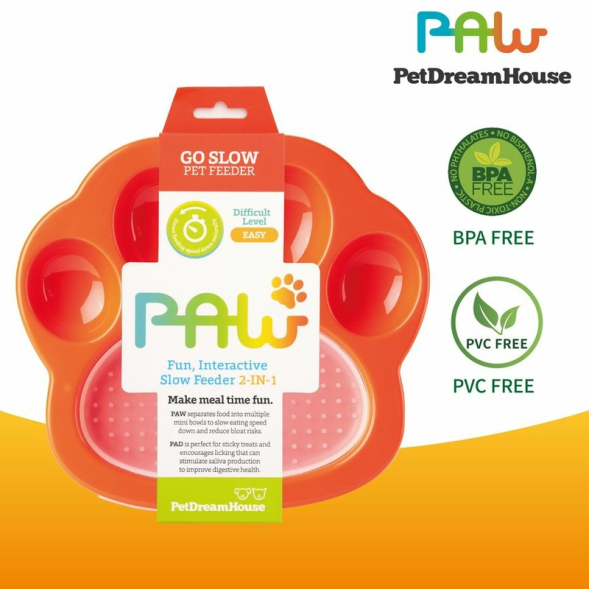 PetDreamHouse PAW 2-IN-1 Mini Slow Feeder &amp;amp; Lick Pad Orange Easy миска Лапа для медленного кормления 2в1 мини, оранжевая - 200 г
