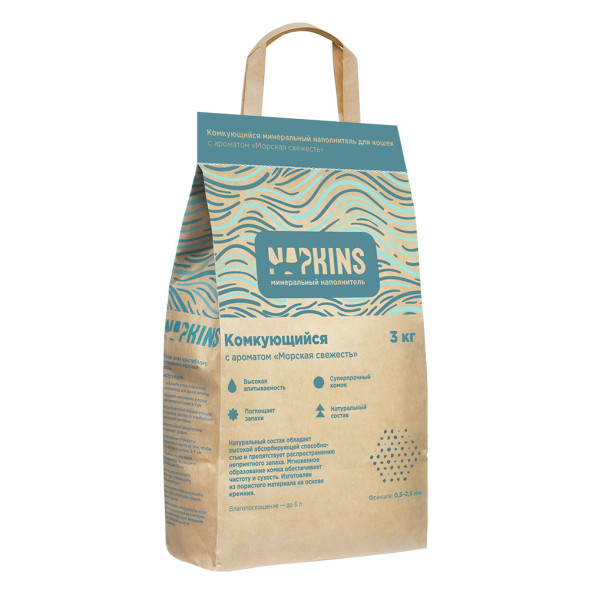 NAPKINS минеральный комкующийся наполнитель для кошачьего туалета, с ароматом Морская свежесть - 5 л (3 кг)