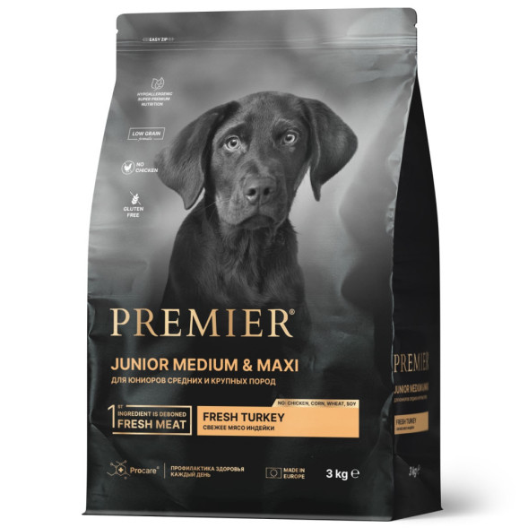 Premier Dog Turkey Junior Medium &amp;amp; Maxi сухой корм для юниоров средних и крупных пород, свежее мясо индейки - 3 кг