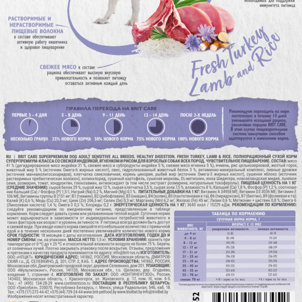Brit Care Dog Adult Sensitive Healthy Digestion сухой корм для собак всех пород с чувствительным пищеварением, с индейкой и ягненком - 1,5 кг