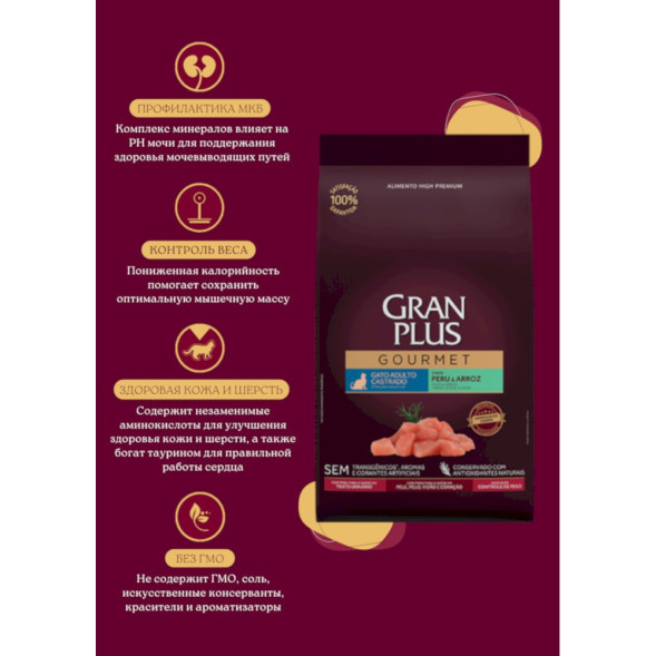 Granplus Gourmet Cat Sterilised сухой корм для взрослых стерилизованных и кастрированных котов и кошек, с индейкой и рисом, мультипачка - 1,01 кг x 10 шт