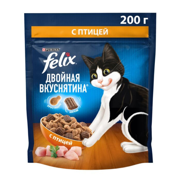 Сухой корм Felix Двойная Вкуснятина для взрослых кошек, с птицей 200г