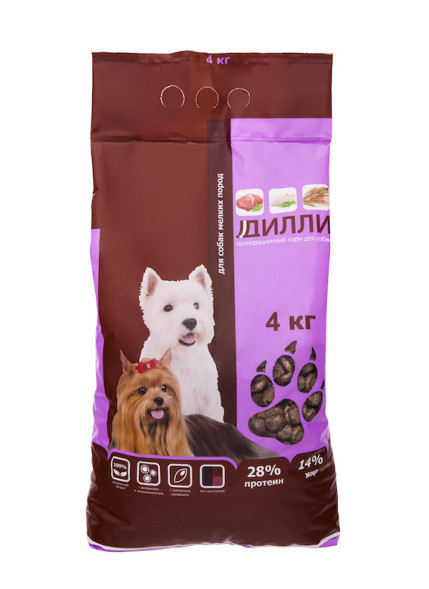 Дилли сухой корм для взрослых собак мелких пород с курицей и индейкой - 4 кг
