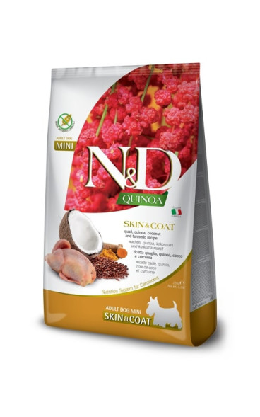 Farmina N&amp;amp;D Quinoa Dog Skin &amp;amp; Coat Mini Quail сухой беззерновой корм для взрослых собак мелких пород для кожи и шерсти с перепелом и киноа - 2,5 кг