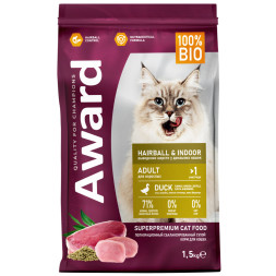 AWARD Hairball &amp;amp; Indoor сухой корм для взрослых кошек, для выведения шерсти, с уткой, индейкой, зеленой чечевицей и юккой Шидигера - 1,5 кг