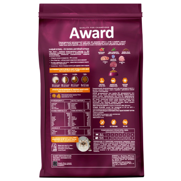 AWARD Hairball &amp;amp; Indoor сухой корм для взрослых кошек, для выведения шерсти, с уткой, индейкой, зеленой чечевицей и юккой Шидигера - 1,5 кг