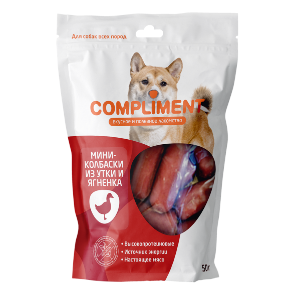 Compliment лакомство для собак всех пород мини-колбаски из утки и ягненка - 50 г
